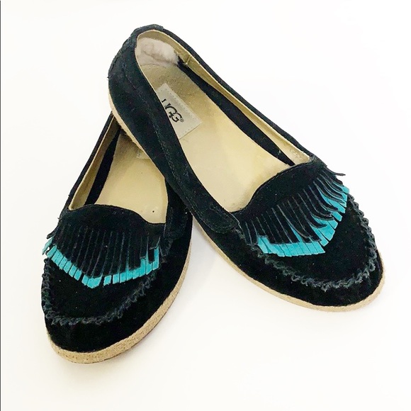 UGG Shoes - Ugg Black Shiri Suede Moccasins w Turquoise Fringe